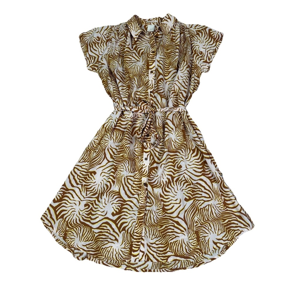 Scotch R'Belle Shirt Dress Girls 8 Pink Brown Tiger‎ Prawn Belted Button Front
